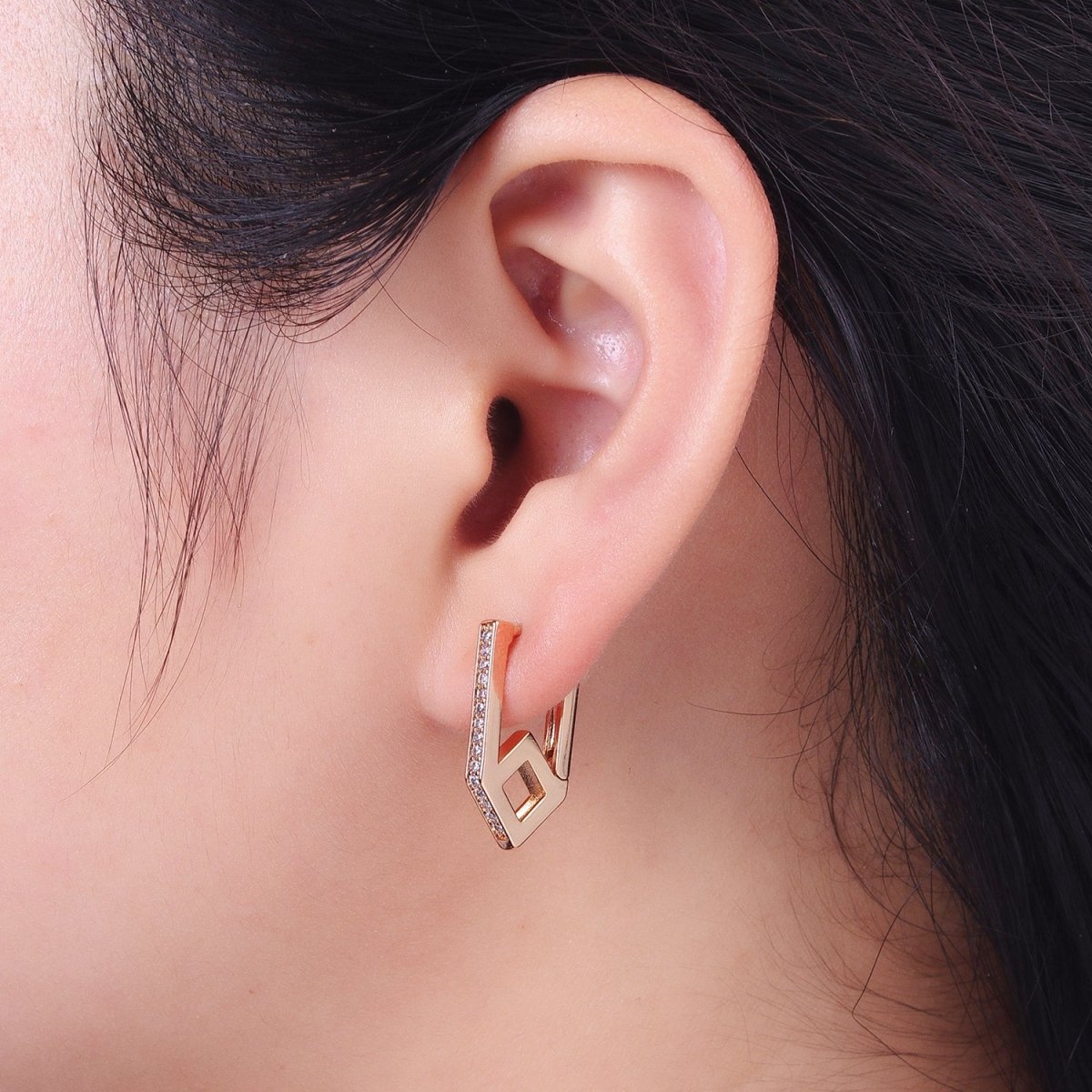 Clear CZ Micro Paved Geometric Oblong Rhombus Huggie Gold Earrings | AB029 - DLUXCA