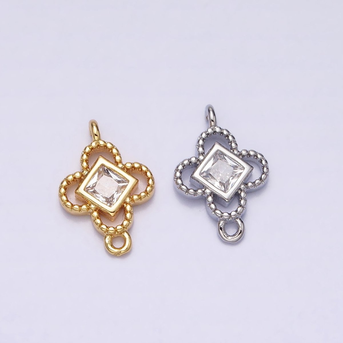 Clear CZ Rhombus Open Beaded Quatrefoil Clover Link Connector in Gold & Silver | AA958 AA959 - DLUXCA