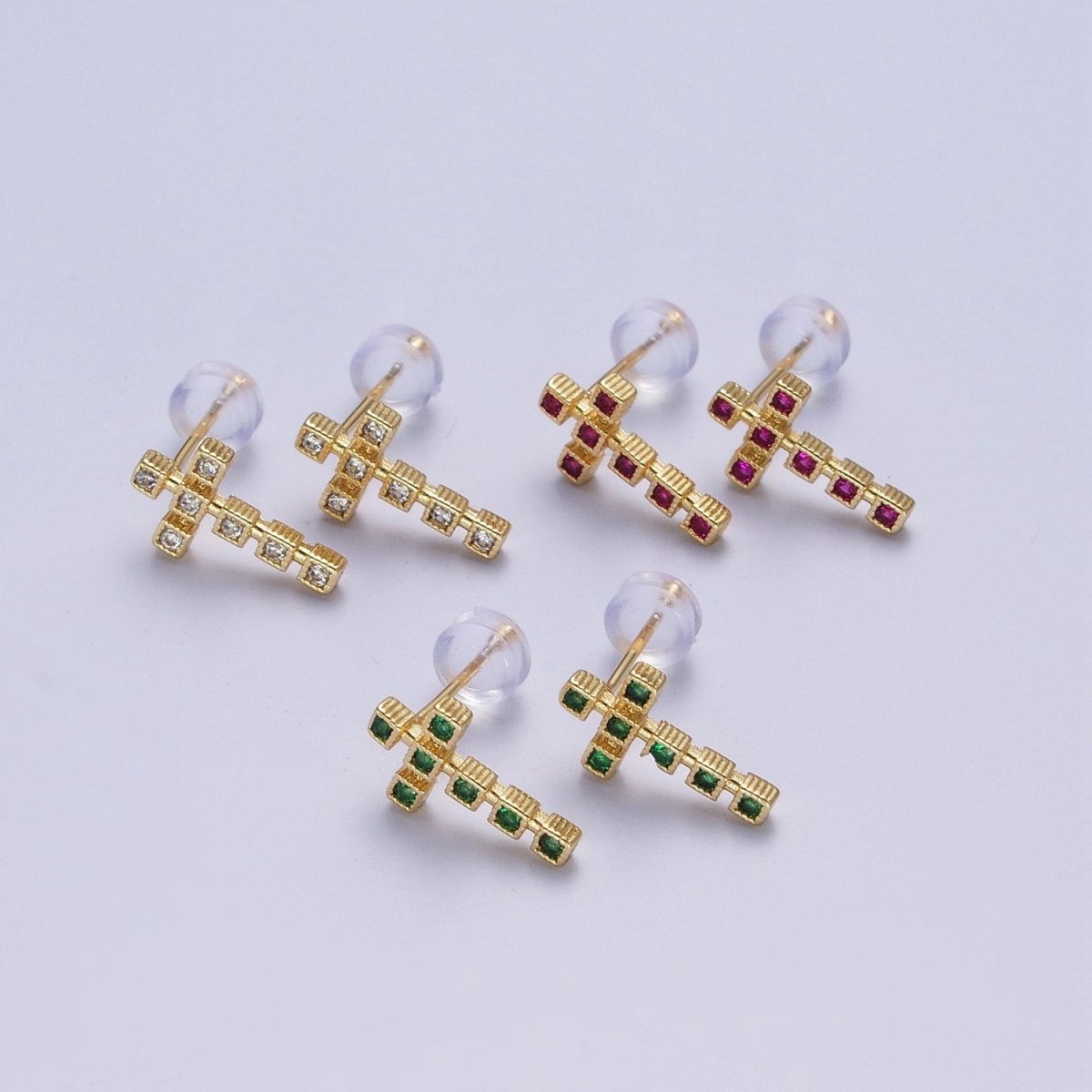 Clear Green Fuchsia Cross Square Baguette Cubic Zirconia CZ Gold Religious Stud Earrings | P-279 P-280 P-281 - DLUXCA
