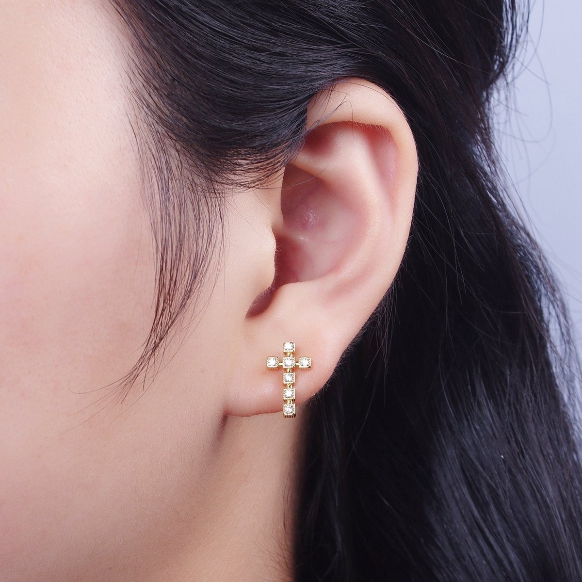 Clear Green Fuchsia Cross Square Baguette Cubic Zirconia CZ Gold Religious Stud Earrings | P-279 P-280 P-281 - DLUXCA