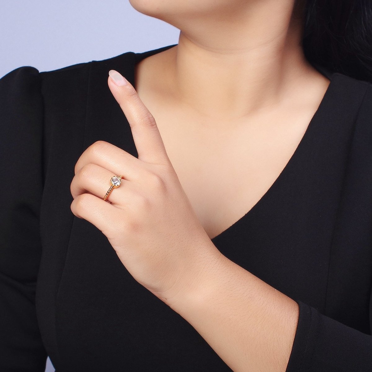 Clear, Green, Red Round CZ Solitaire Beaded Adjustable Gold Ring | Y-554 ~ Y-556 - DLUXCA