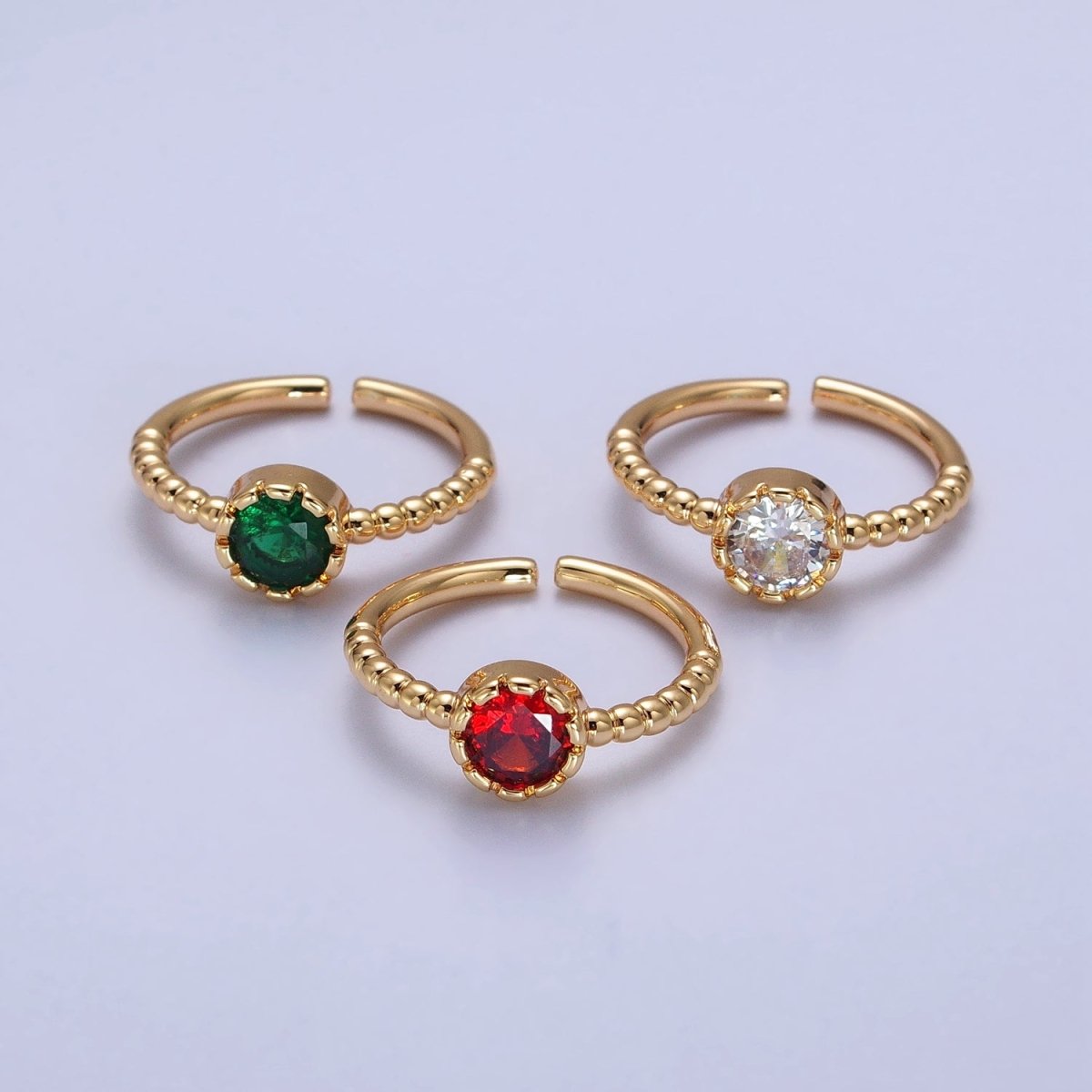 Clear, Green, Red Round CZ Solitaire Beaded Adjustable Gold Ring | Y-554 ~ Y-556 - DLUXCA