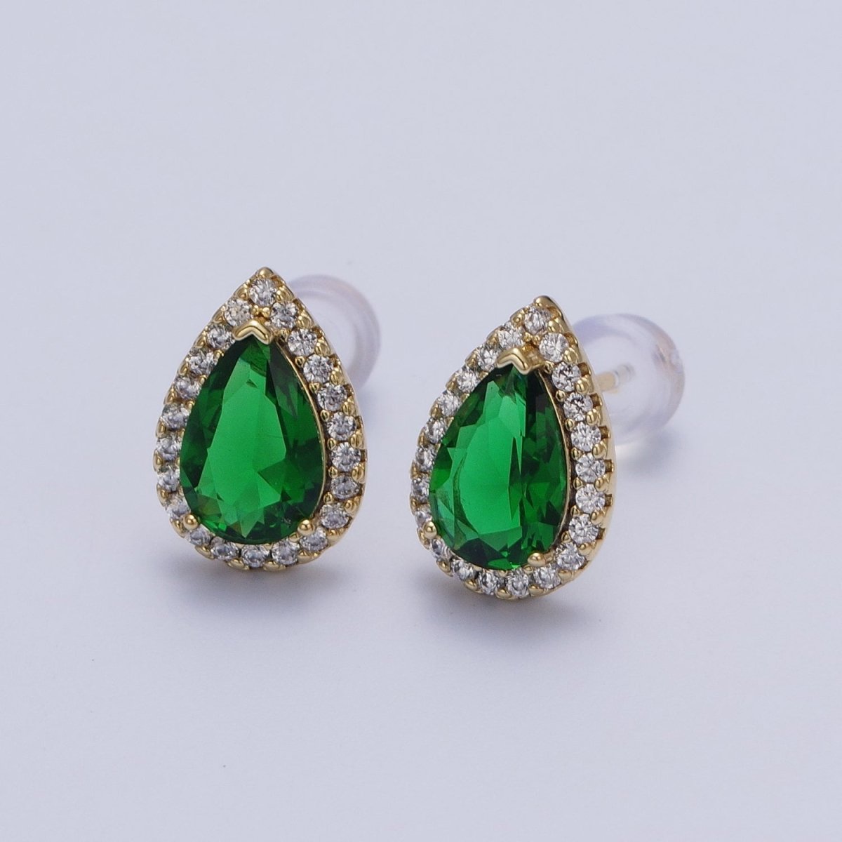 Clear, Green Teardrop Micro Paved CZ Gold Stud Earrings | Y-191 Y-192 - DLUXCA