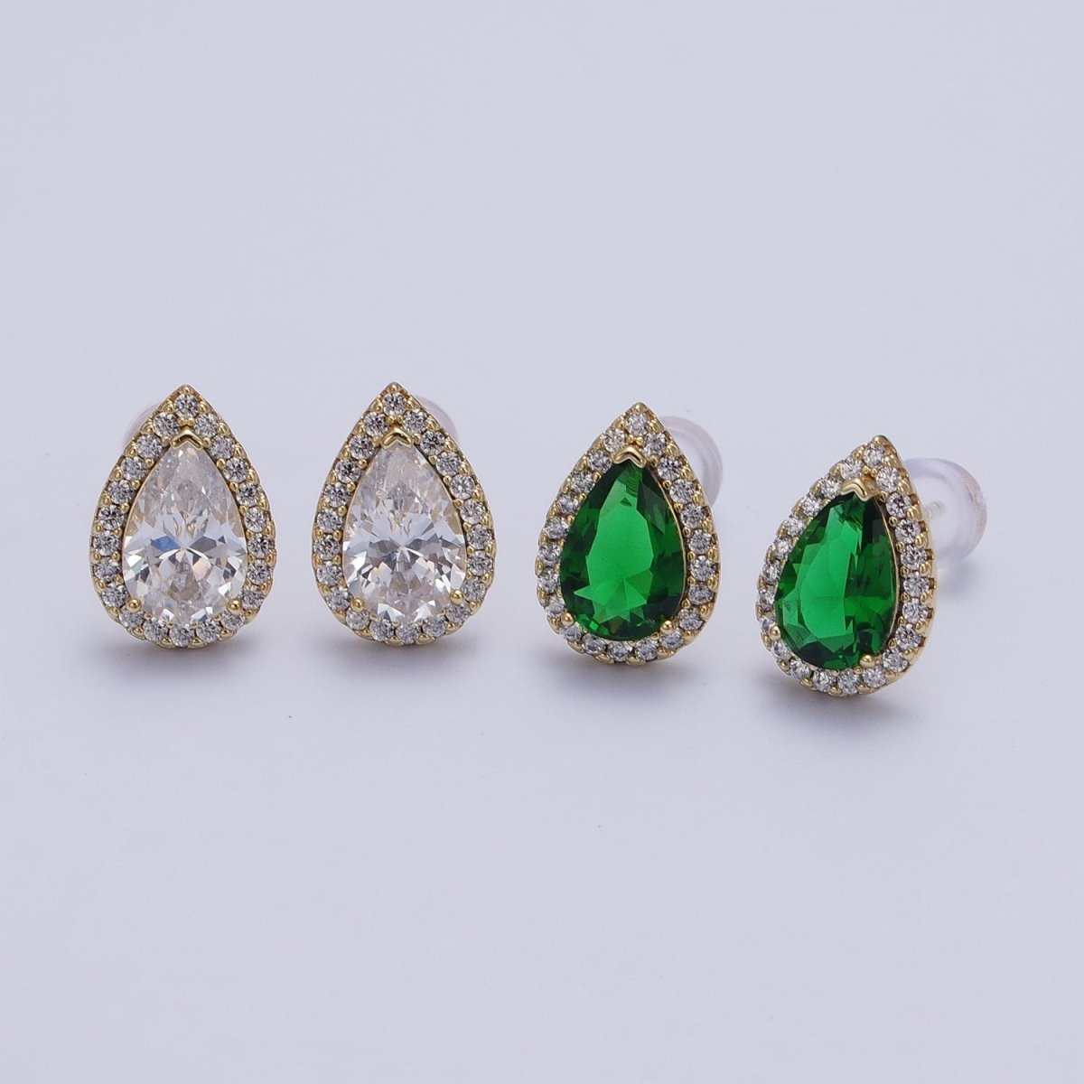Clear, Green Teardrop Micro Paved CZ Gold Stud Earrings | Y-191 Y-192 - DLUXCA