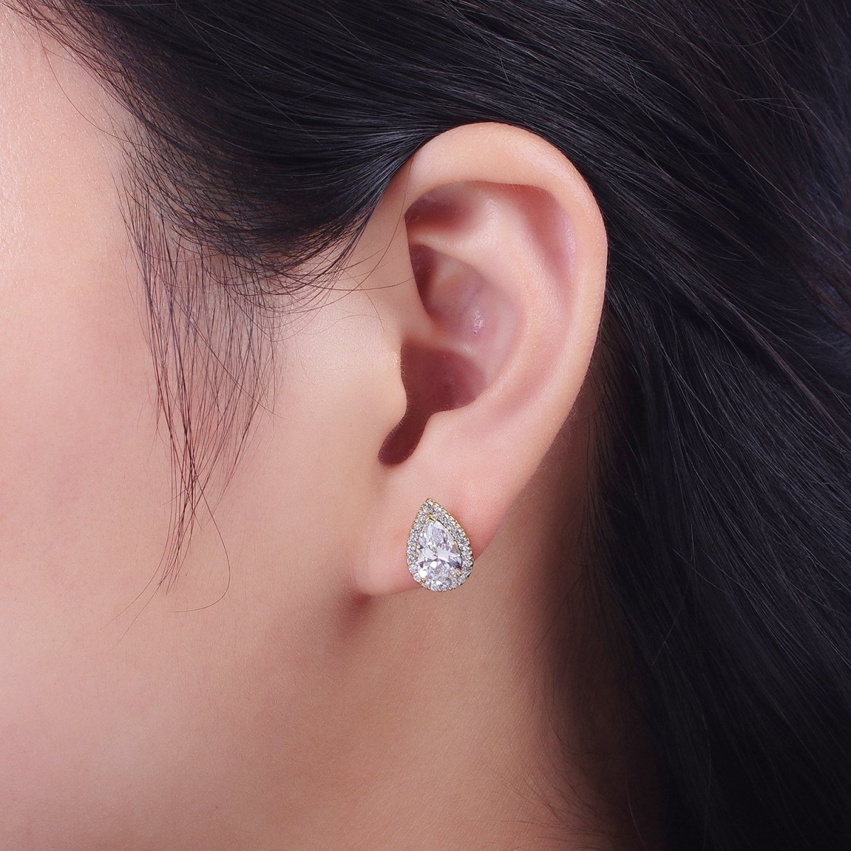 Clear, Green Teardrop Micro Paved CZ Gold Stud Earrings | Y-191 Y-192 - DLUXCA