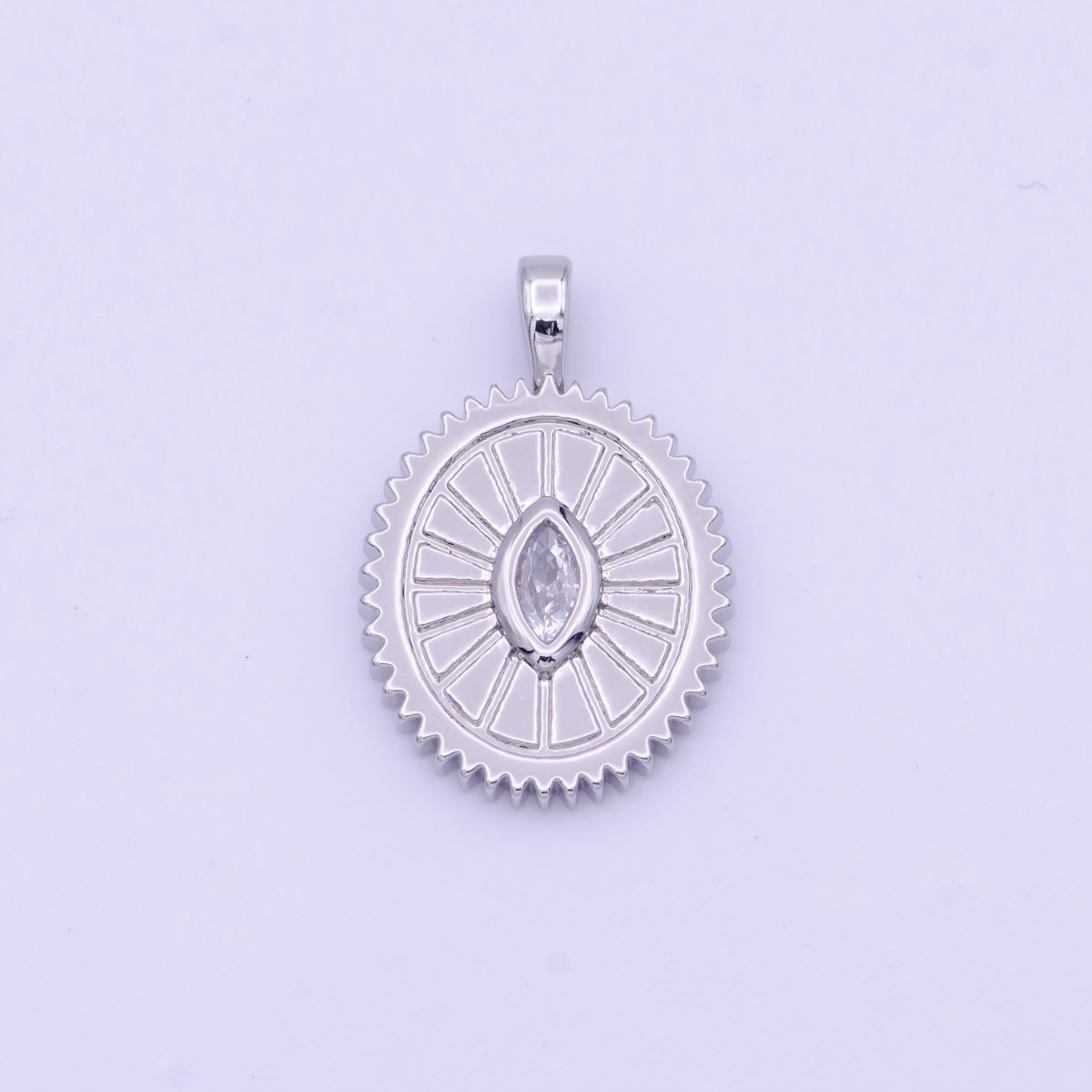 Clear Marquise Cubic Zirconia Textured Sunburst Oval Silver Pendant I-009 - DLUXCA