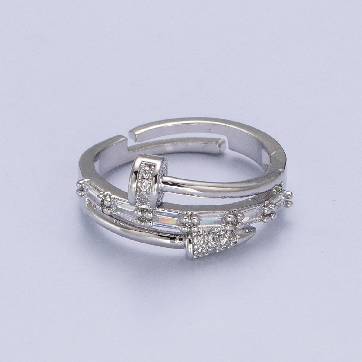 Clear Micro Paved Baguette Adjustable Nail Ring in Gold & Silver | Y-563 Y-564 - DLUXCA