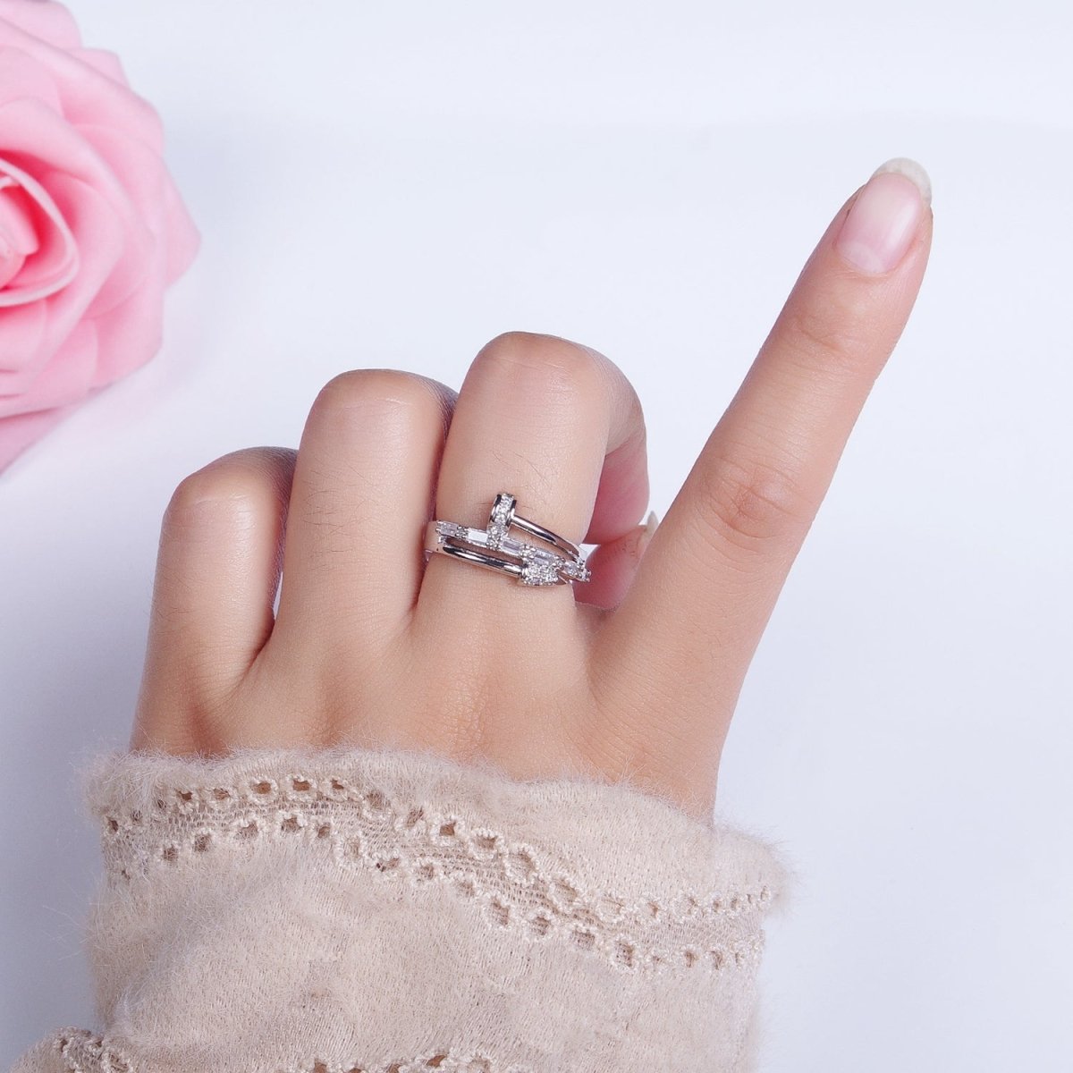 Clear Micro Paved Baguette Adjustable Nail Ring in Gold & Silver | Y-563 Y-564 - DLUXCA