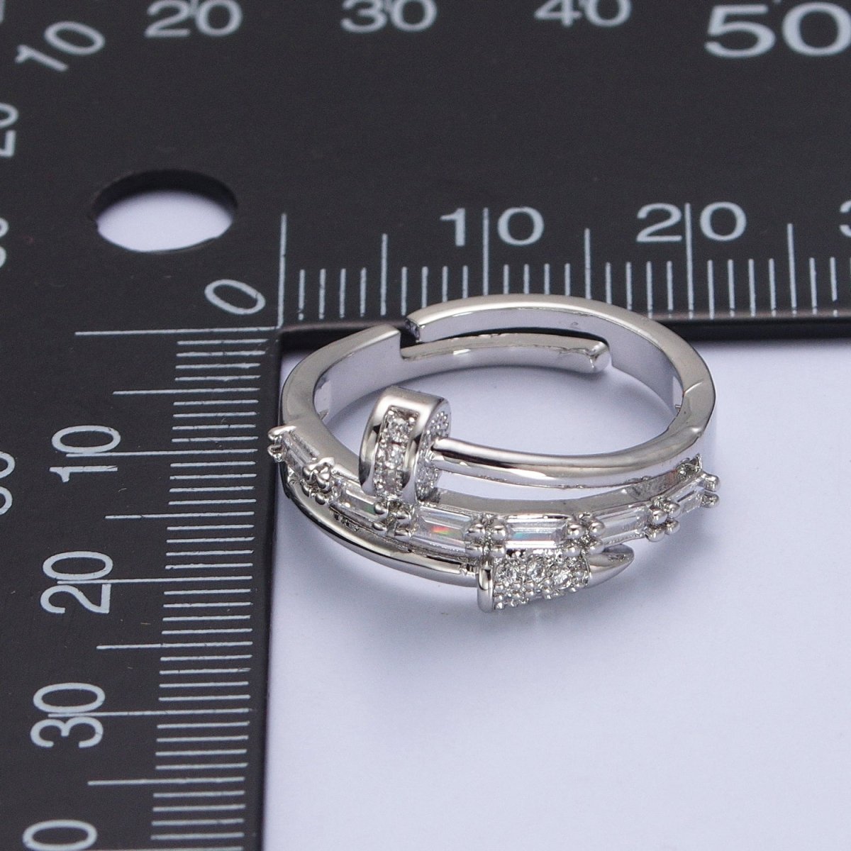 Clear Micro Paved Baguette Adjustable Nail Ring in Gold & Silver | Y-563 Y-564 - DLUXCA