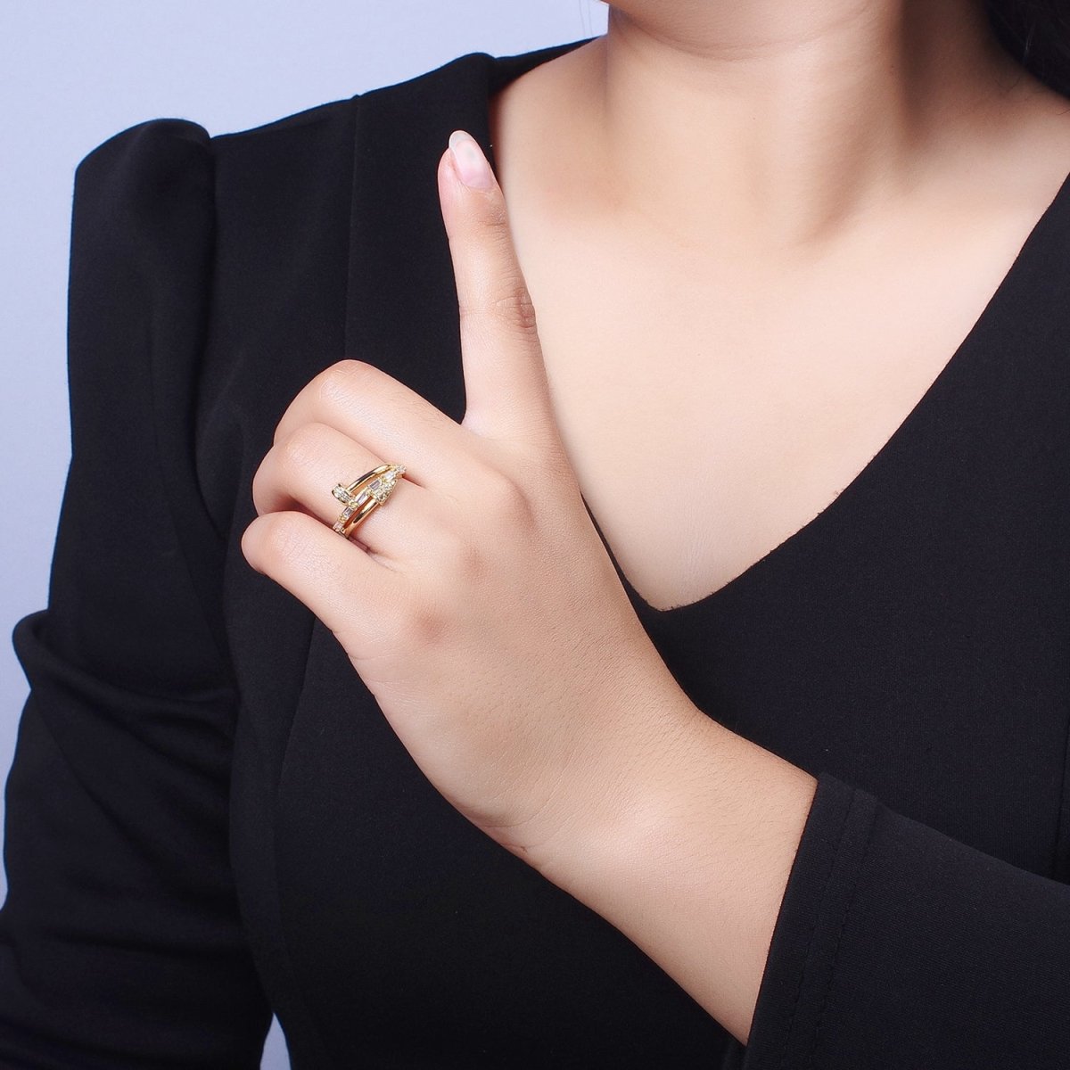 Clear Micro Paved Baguette Adjustable Nail Ring in Gold & Silver | Y-563 Y-564 - DLUXCA