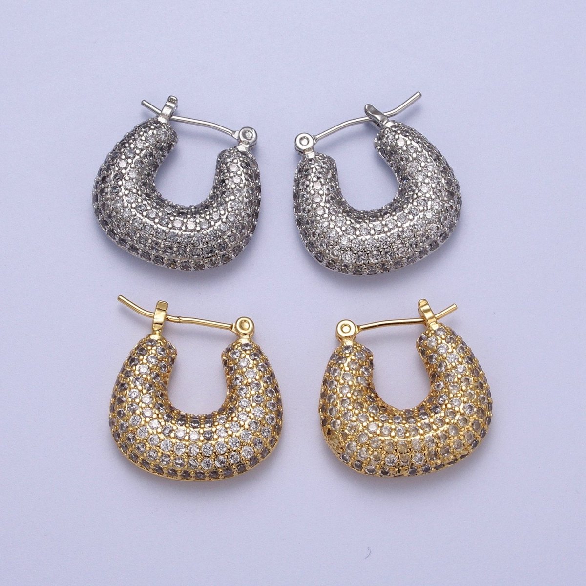 Clear Micro Paved Chubby U-Shaped Latch Earrings in Gold & Silver | AB039 AB040 - DLUXCA
