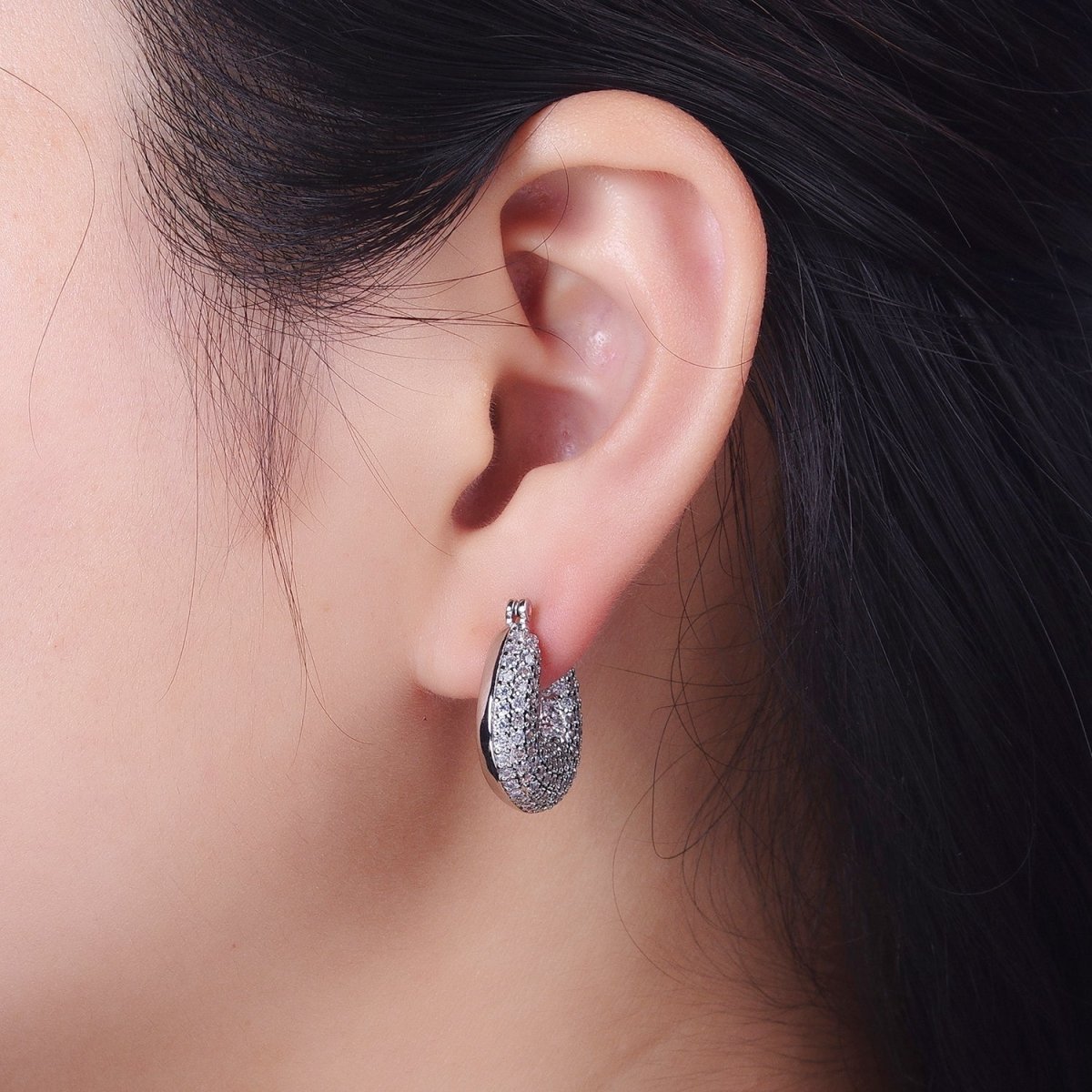 Clear Micro Paved Chubby U-Shaped Latch Earrings in Gold & Silver | AB039 AB040 - DLUXCA