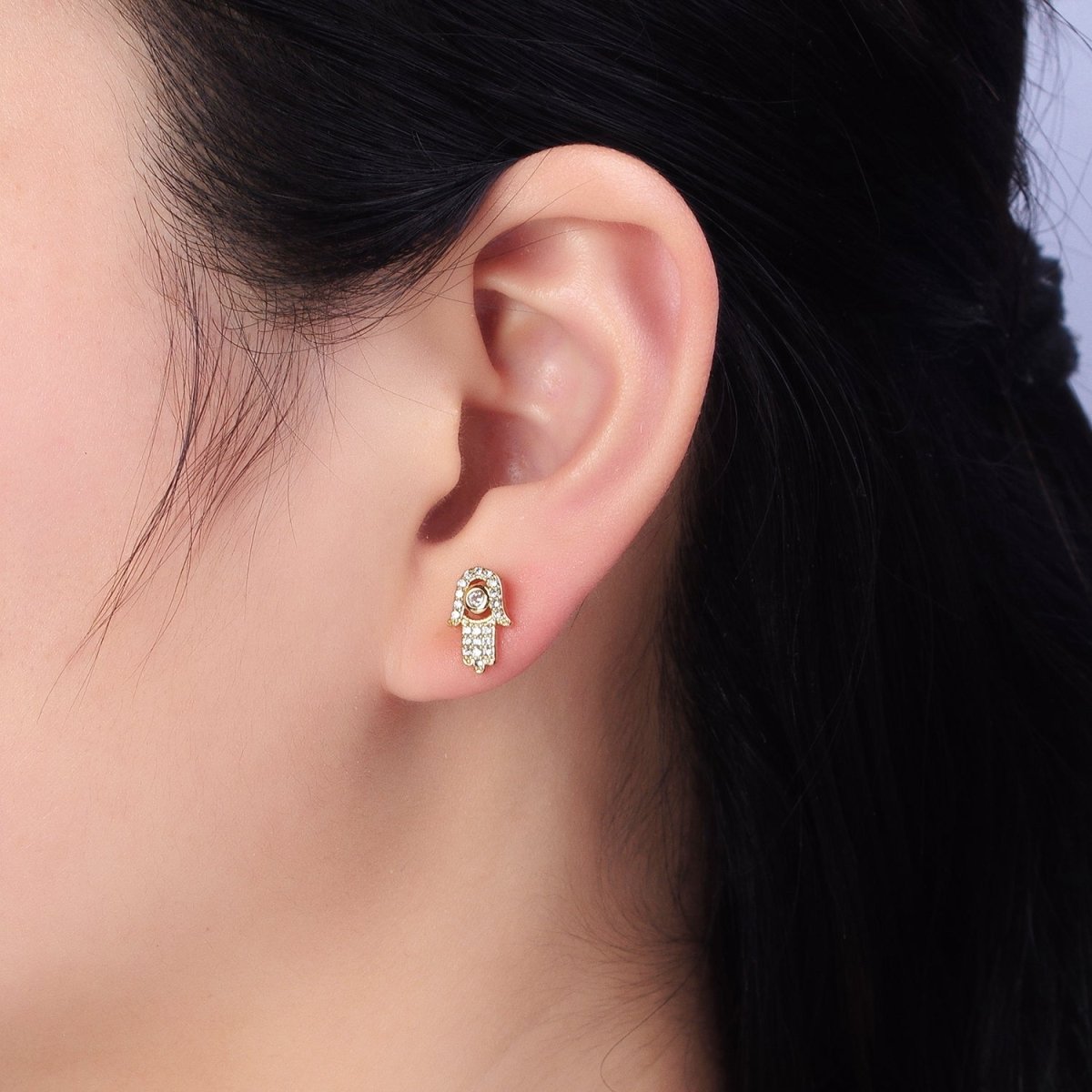 Clear Micro Paved CZ Hamsa Hand Evil Eye Mini Stud Earrings in Gold & Silver | AB503 AB509 - DLUXCA