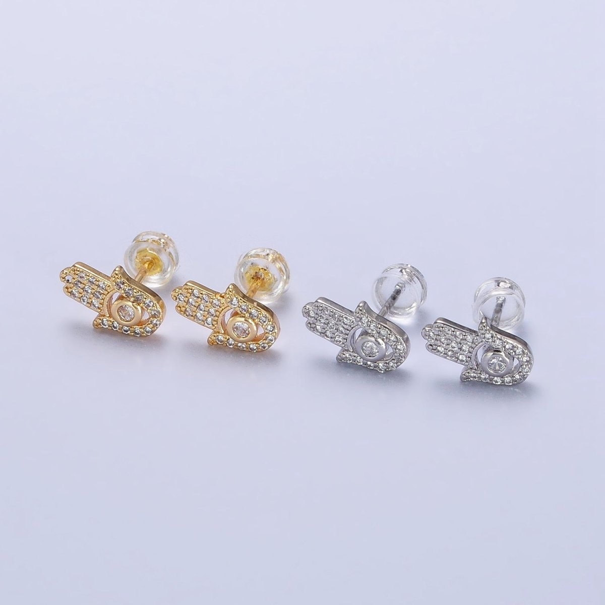Clear Micro Paved CZ Hamsa Hand Evil Eye Mini Stud Earrings in Gold & Silver | AB503 AB509 - DLUXCA