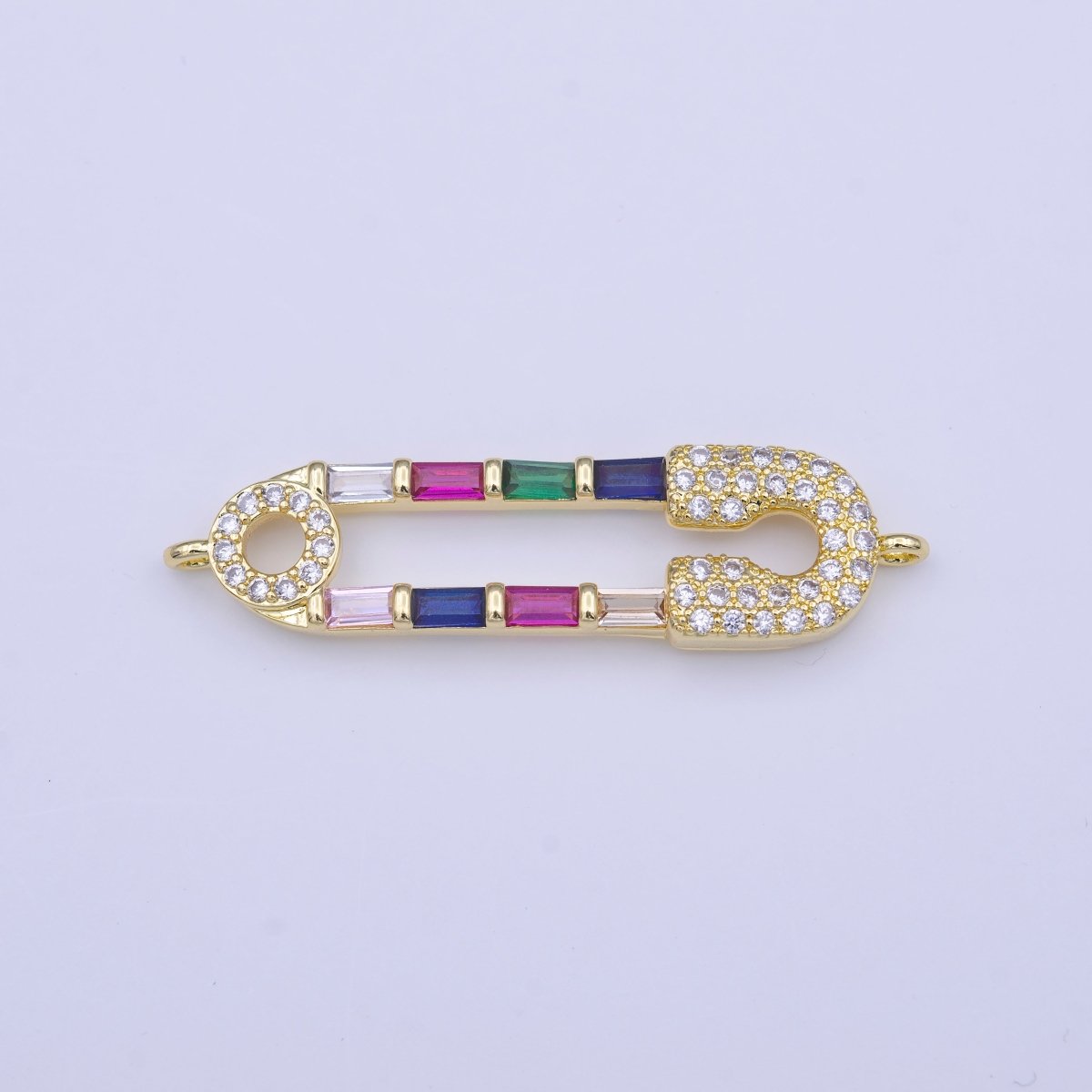 Clear Micro Paved CZ Multicolor Baguette Link Safety Pin Connector in Gold & Silver | Y-655 Y-656 - DLUXCA