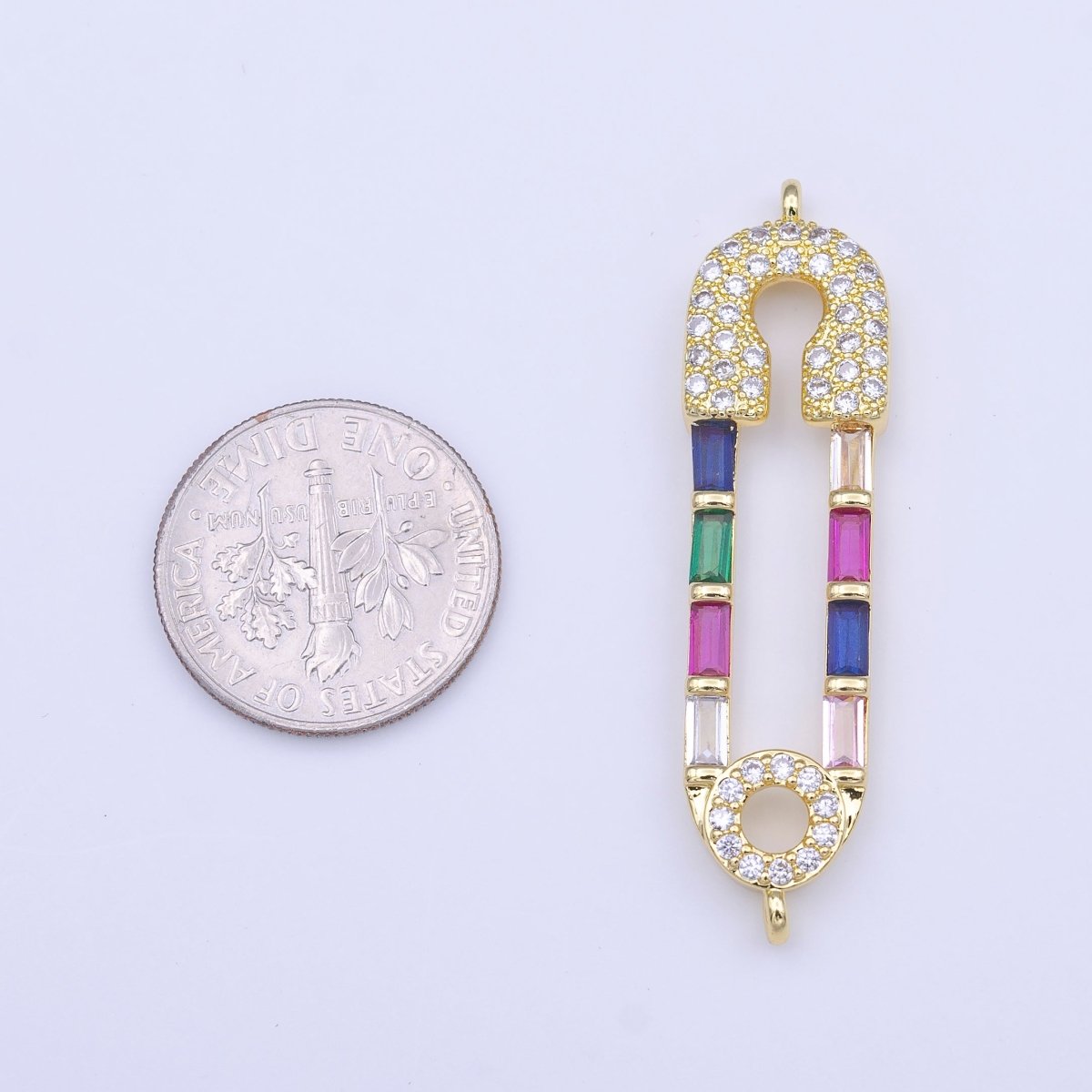 Clear Micro Paved CZ Multicolor Baguette Link Safety Pin Connector in Gold & Silver | Y-655 Y-656 - DLUXCA