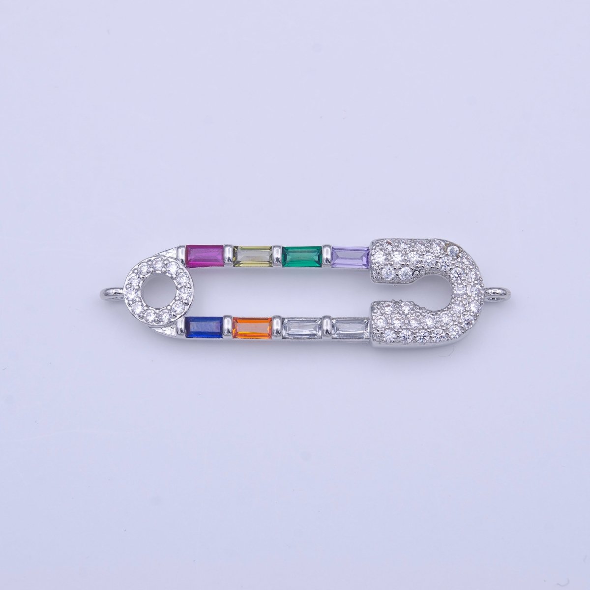 Clear Micro Paved CZ Multicolor Baguette Link Safety Pin Connector in Gold & Silver | Y-655 Y-656 - DLUXCA