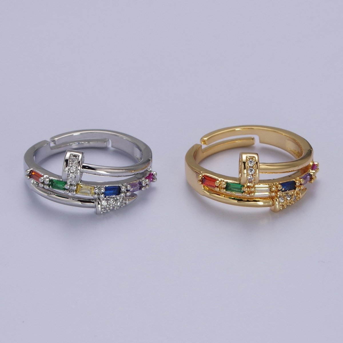 Clear Micro Paved Multicolor Baguette Adjustable Nail Ring in Gold & Silver | Y-565 Y-566 - DLUXCA