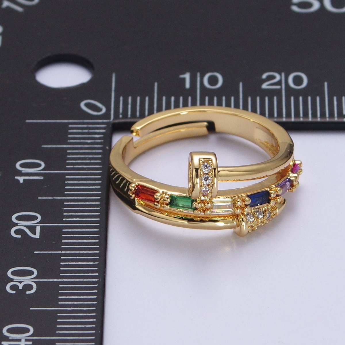 Clear Micro Paved Multicolor Baguette Adjustable Nail Ring in Gold & Silver | Y-565 Y-566 - DLUXCA