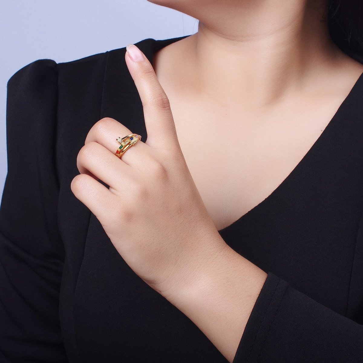 Clear Micro Paved Multicolor Baguette Adjustable Nail Ring in Gold & Silver | Y-565 Y-566 - DLUXCA