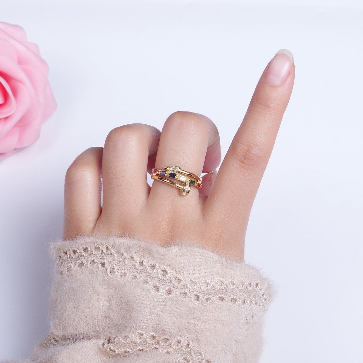 Clear Micro Paved Multicolor Baguette Adjustable Nail Ring in Gold & Silver | Y-565 Y-566 - DLUXCA