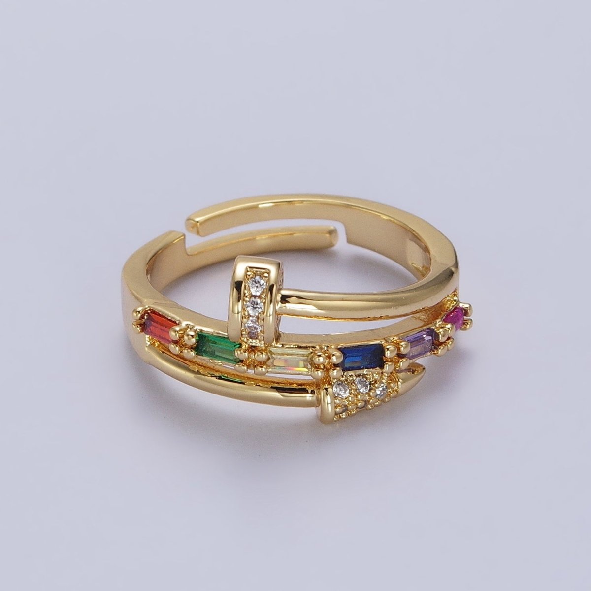 Clear Micro Paved Multicolor Baguette Adjustable Nail Ring in Gold & Silver | Y-565 Y-566 - DLUXCA