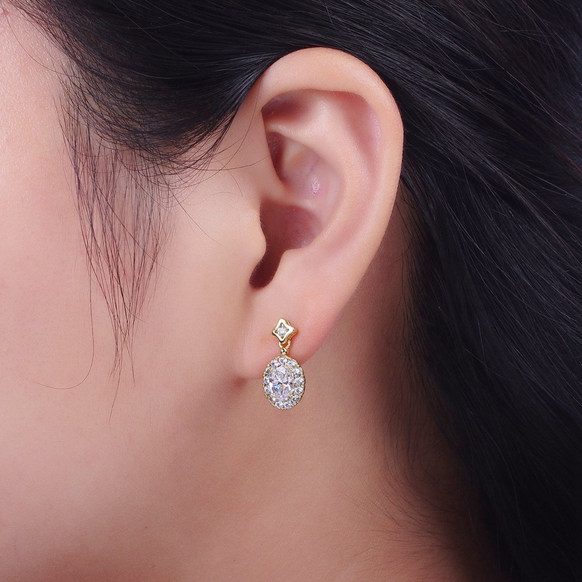 Clear Micro Paved Oval CZ Star Stud Drop Dangle Gold Earrings | Y-190 - DLUXCA