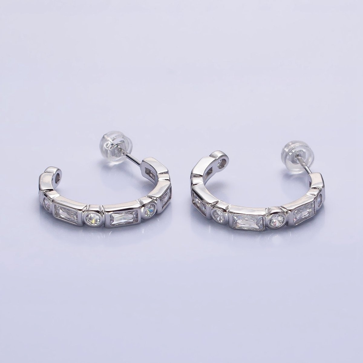 Clear, Multicolor Baguette Round CZ Lined C-Shaped Hoop Earrings | AB807, AB821 AB829 - DLUXCA