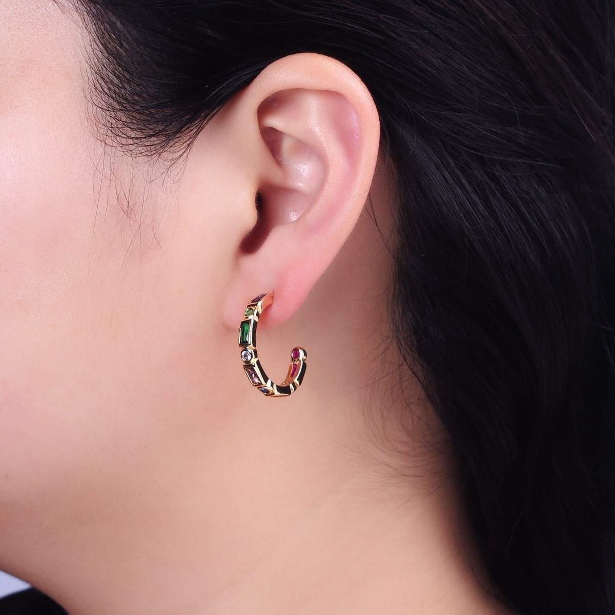 Clear, Multicolor Baguette Round CZ Lined C-Shaped Hoop Earrings | AB807, AB821 AB829 - DLUXCA