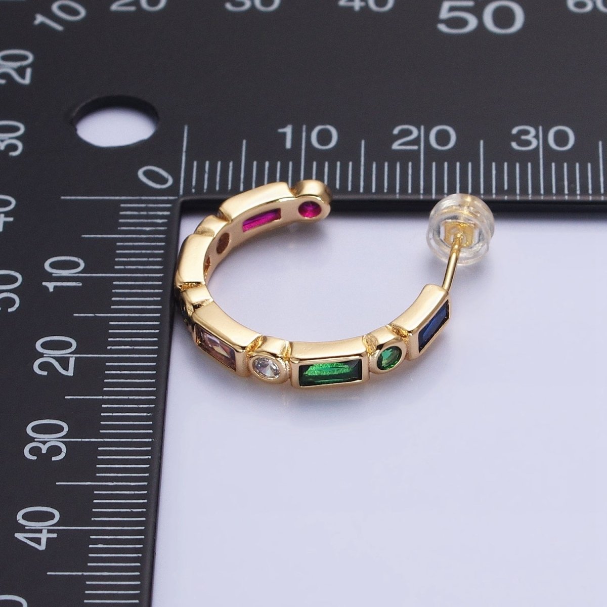 Clear, Multicolor Baguette Round CZ Lined C-Shaped Hoop Earrings | AB807, AB821 AB829 - DLUXCA