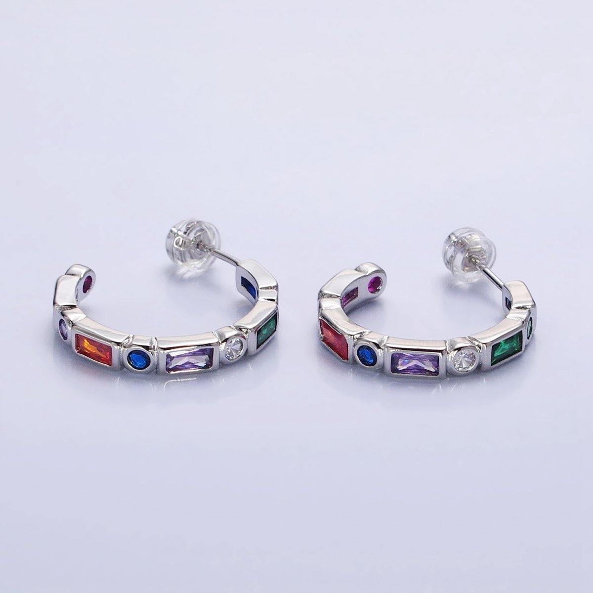 Clear, Multicolor Baguette Round CZ Lined C-Shaped Hoop Earrings | AB807, AB821 AB829 - DLUXCA