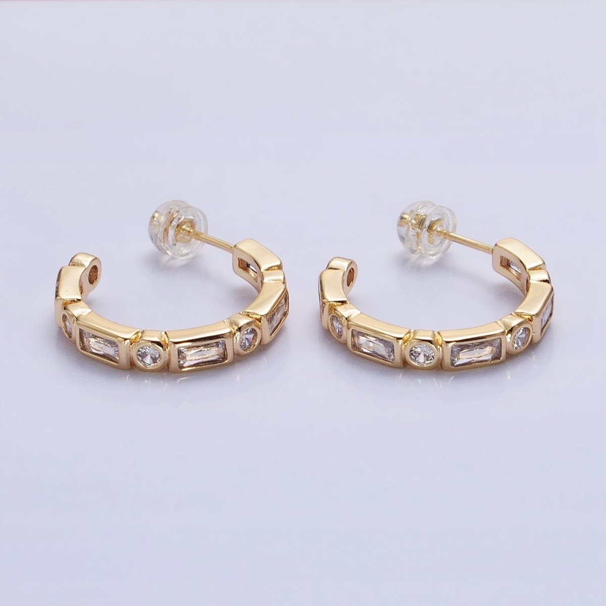 Clear, Multicolor Baguette Round CZ Lined C-Shaped Hoop Earrings | AB807, AB821 AB829 - DLUXCA