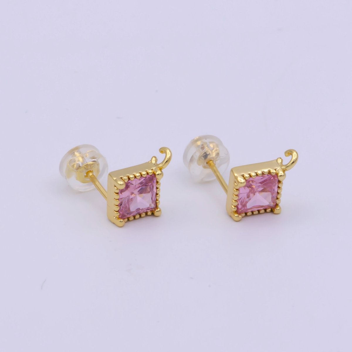Clear / Pink Cz Stud 14K Gold Filled Rhombus Ear Studs Geometry Earring Studs With Open link for Earring Making L-539 L-553 - DLUXCA