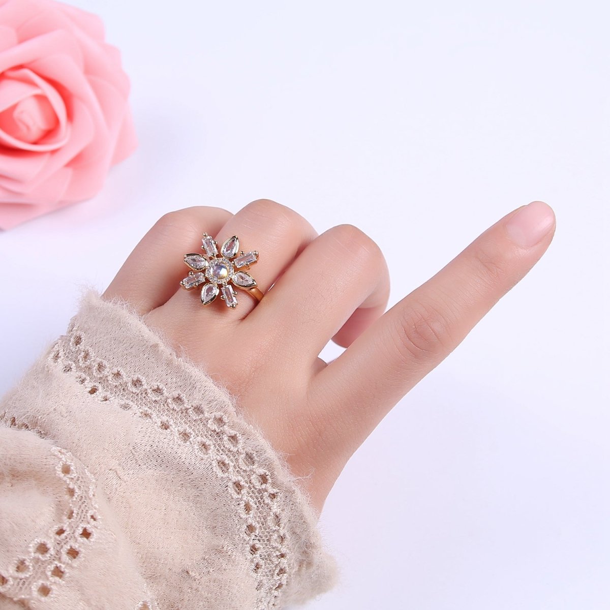 Clear & Rainbow Crystal Zirconia Flower Ring, Dainty Mother Nature 24K Gold Filled Adjustable Statement Ring | U-457 U-458 - DLUXCA