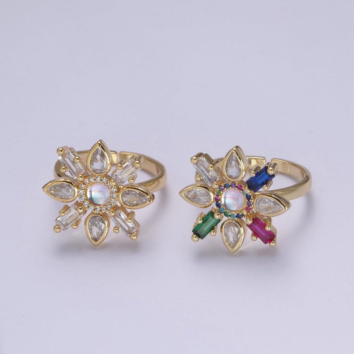 Clear & Rainbow Crystal Zirconia Flower Ring, Dainty Mother Nature 24K Gold Filled Adjustable Statement Ring | U-457 U-458 - DLUXCA