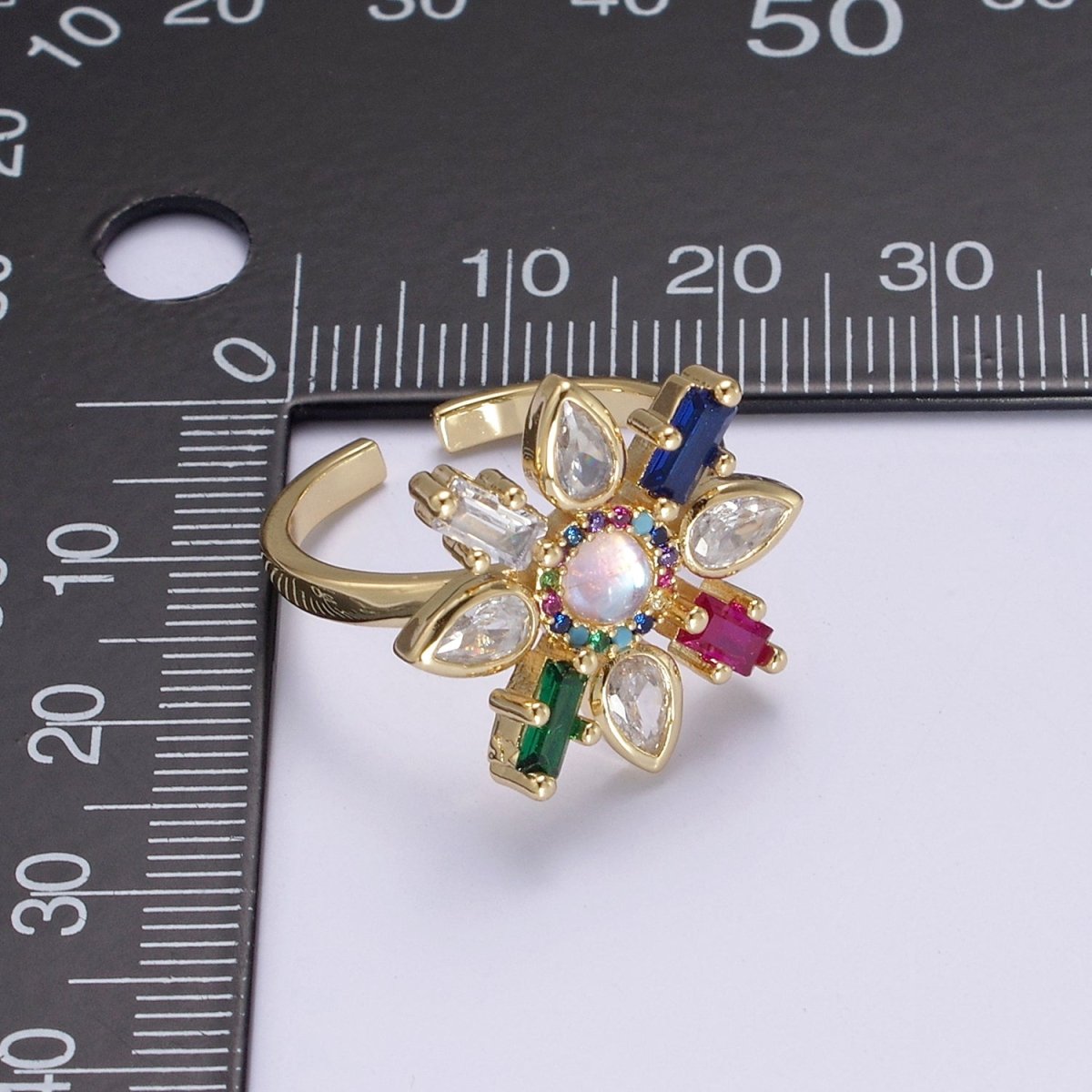 Clear & Rainbow Crystal Zirconia Flower Ring, Dainty Mother Nature 24K Gold Filled Adjustable Statement Ring | U-457 U-458 - DLUXCA