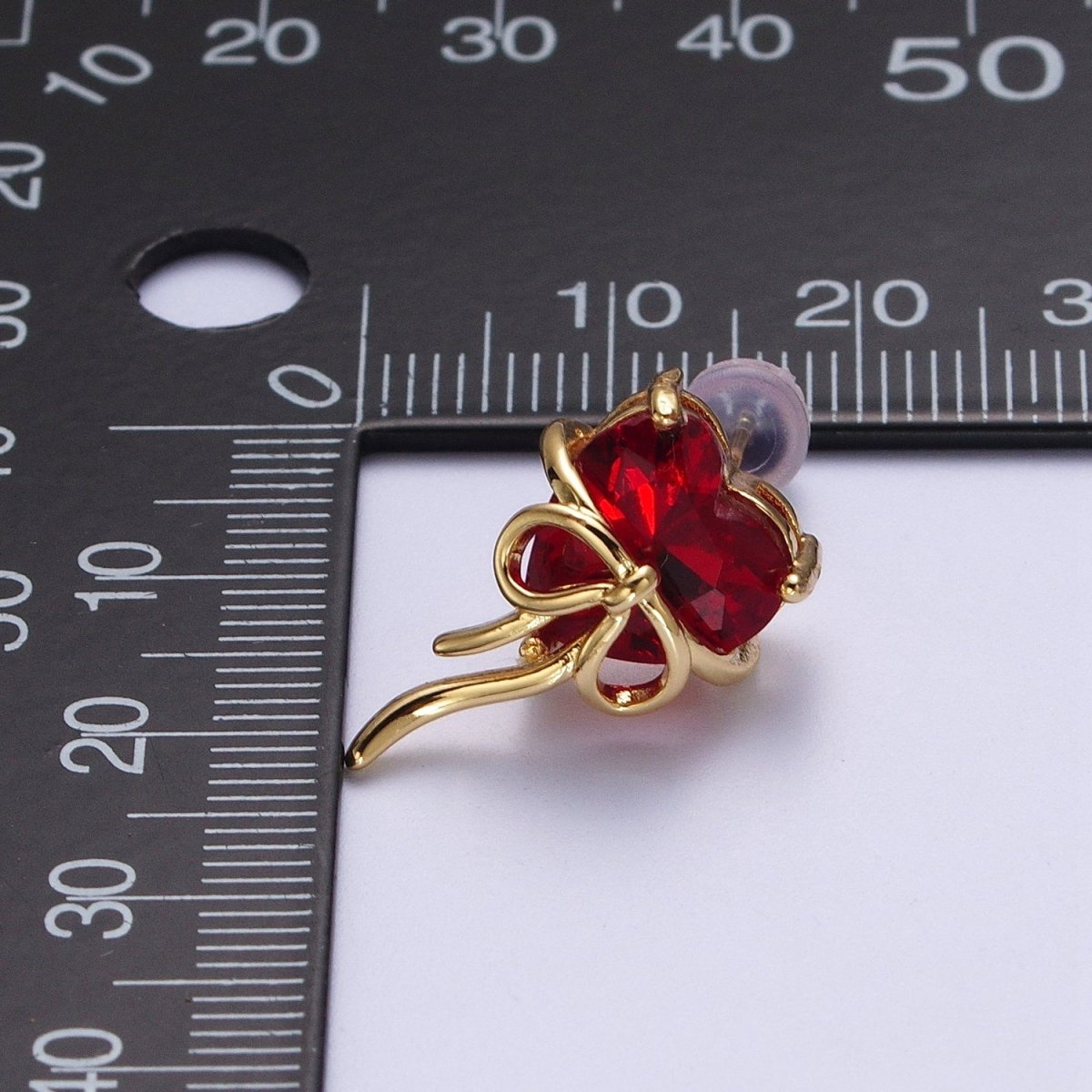 Clear / Red Heart Cubic Zirconia Ribbon Gold Studs Earrings For Valentine Love | Y-075 Y-076 - DLUXCA