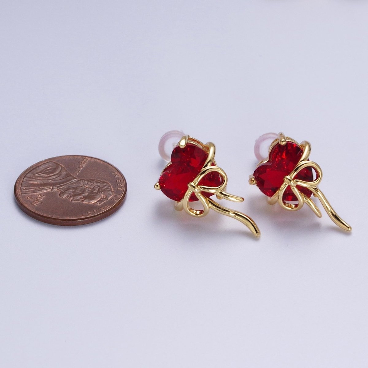 Clear / Red Heart Cubic Zirconia Ribbon Gold Studs Earrings For Valentine Love | Y-075 Y-076 - DLUXCA