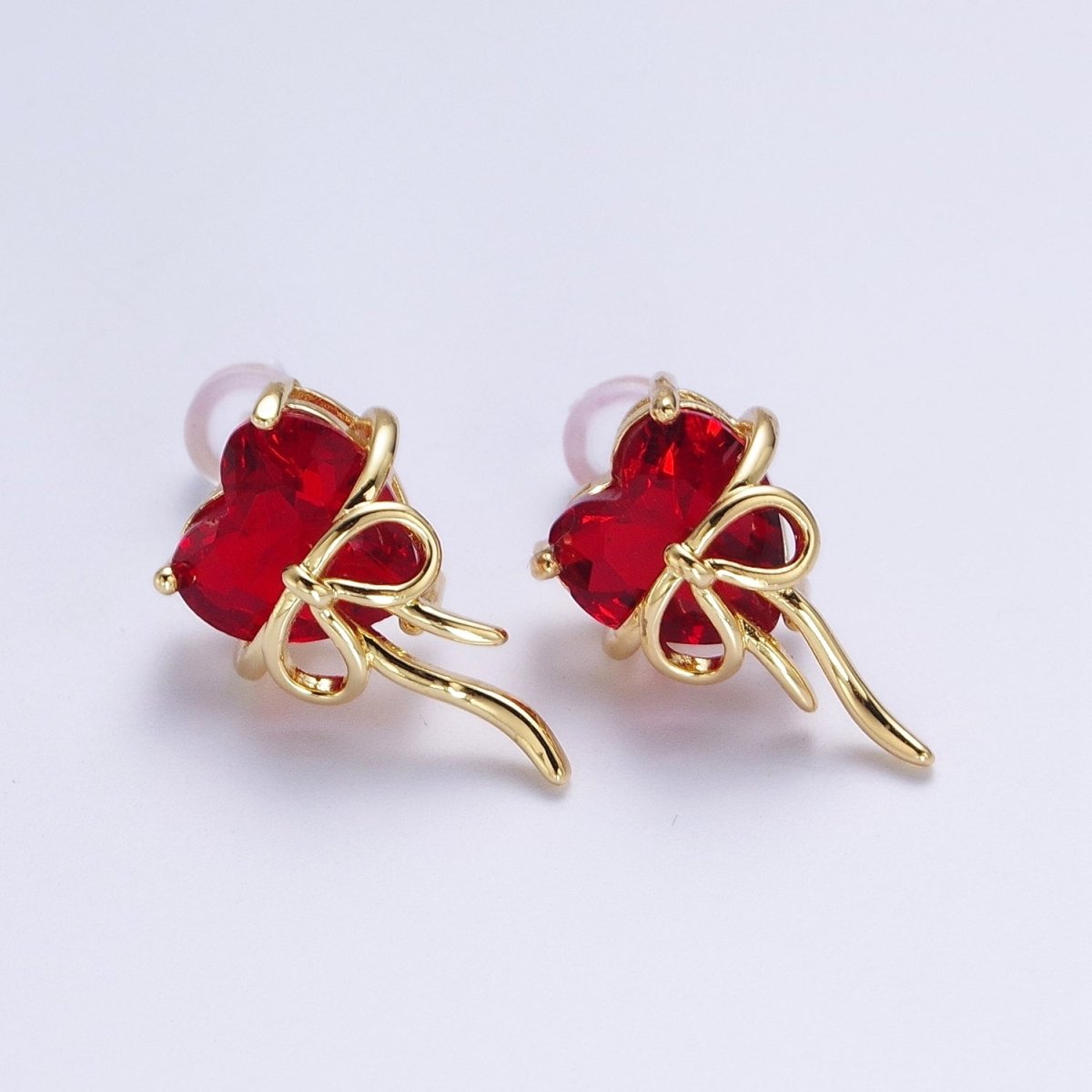 Clear / Red Heart Cubic Zirconia Ribbon Gold Studs Earrings For Valentine Love | Y-075 Y-076 - DLUXCA