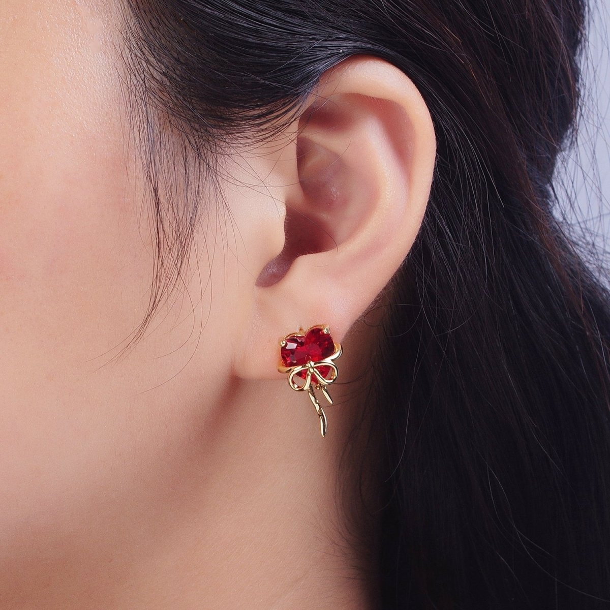 Clear / Red Heart Cubic Zirconia Ribbon Gold Studs Earrings For Valentine Love | Y-075 Y-076 - DLUXCA