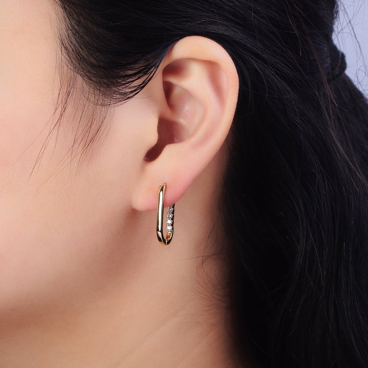 Clear Round CZ Lined Oblong U-Shaped Minimalist Hoop Earrings | AB413 - DLUXCA