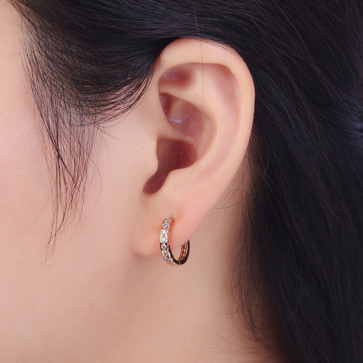 Clear Round Dotted CZ Lined 14.4mm Pinky Gold Huggie Hoop Earrings | V-041 - DLUXCA