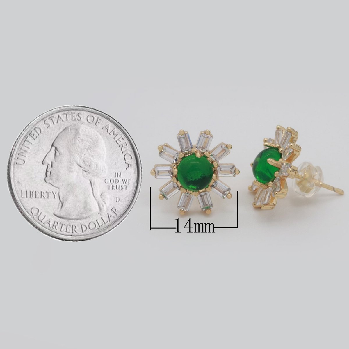 Clear Studs, Dainty Green Zirconia Earrings, Cz Stud Earrings, Sun Earrings, Tiny Diamond Stud Earrings, Small Gold Earring T-162 - DLUXCA
