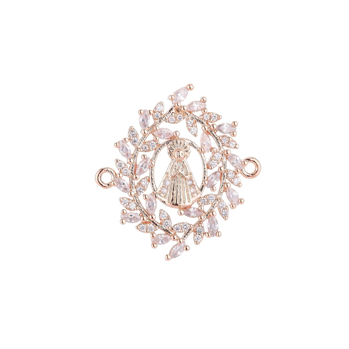 CLEARANCE | White, Rose Gold, 18K Gold Filled, Gun Metal Plated Spiritual Religious Mother Mary Praying in Wreath, Cubic Zirconia Bracelet Charm Bead Finding Connector For Jewelry Making | F-022 - DLUXCA