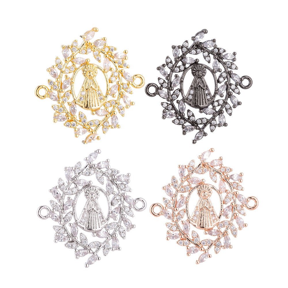 CLEARANCE | White, Rose Gold, 18K Gold Filled, Gun Metal Plated Spiritual Religious Mother Mary Praying in Wreath, Cubic Zirconia Bracelet Charm Bead Finding Connector For Jewelry Making | F-022 - DLUXCA