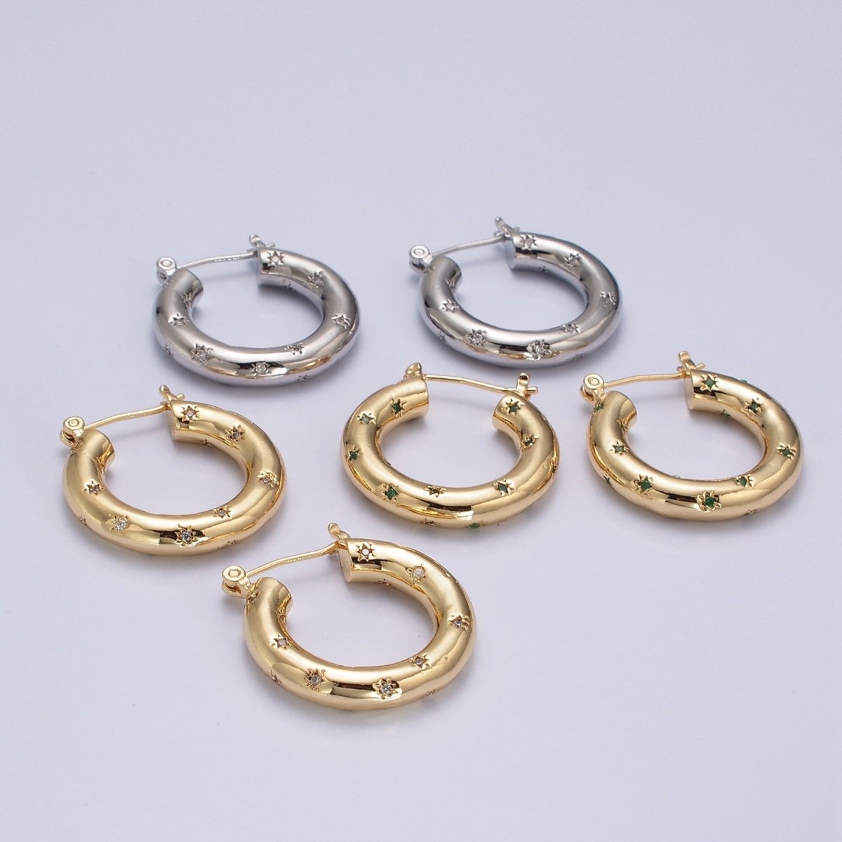 Clear/Green Celestial Star Studded French Lock Hinged Hook Hoop Earrings in Silver & Gold P-383 P-384 P-385 - DLUXCA