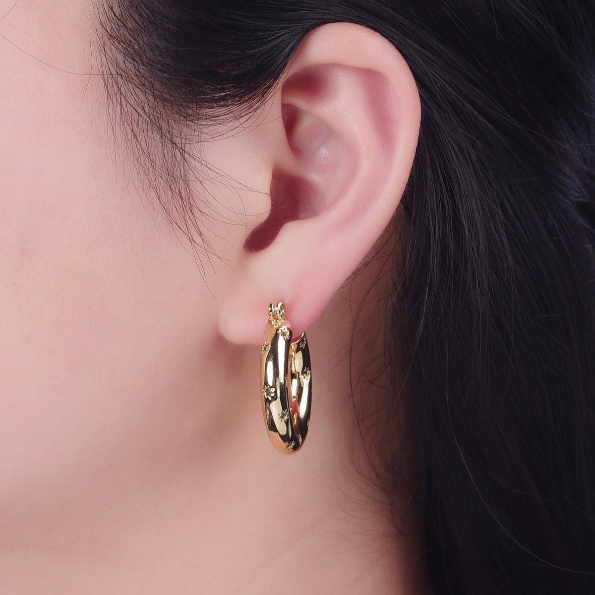 Clear/Green Celestial Star Studded French Lock Hinged Hook Hoop Earrings in Silver & Gold P-383 P-384 P-385 - DLUXCA