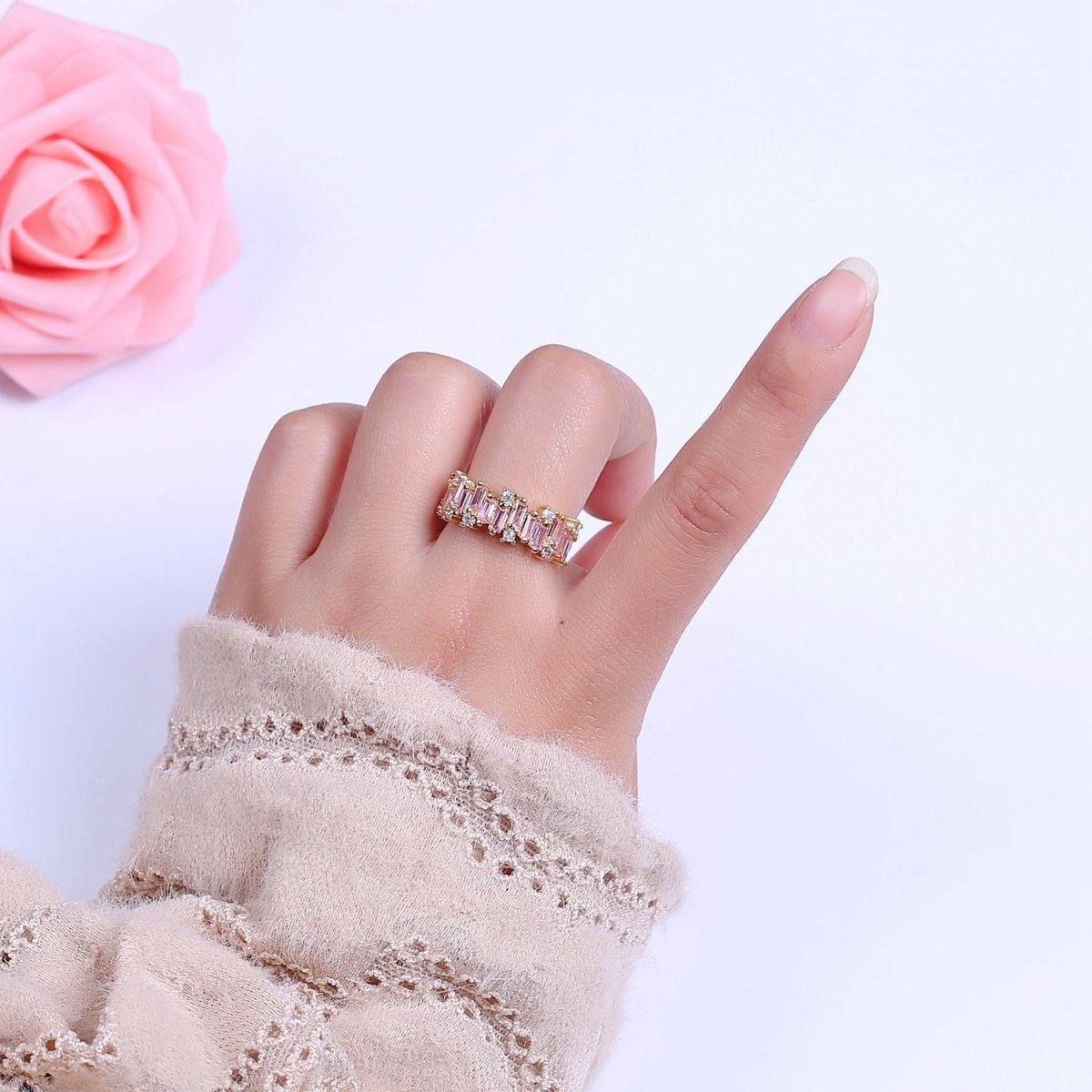 Color CZ Diamond Baguette Ring Irregular Setting Ring 14k Gold Filled Ring Stackable Adjustable Statement Jewelry S-477~S-480 - DLUXCA