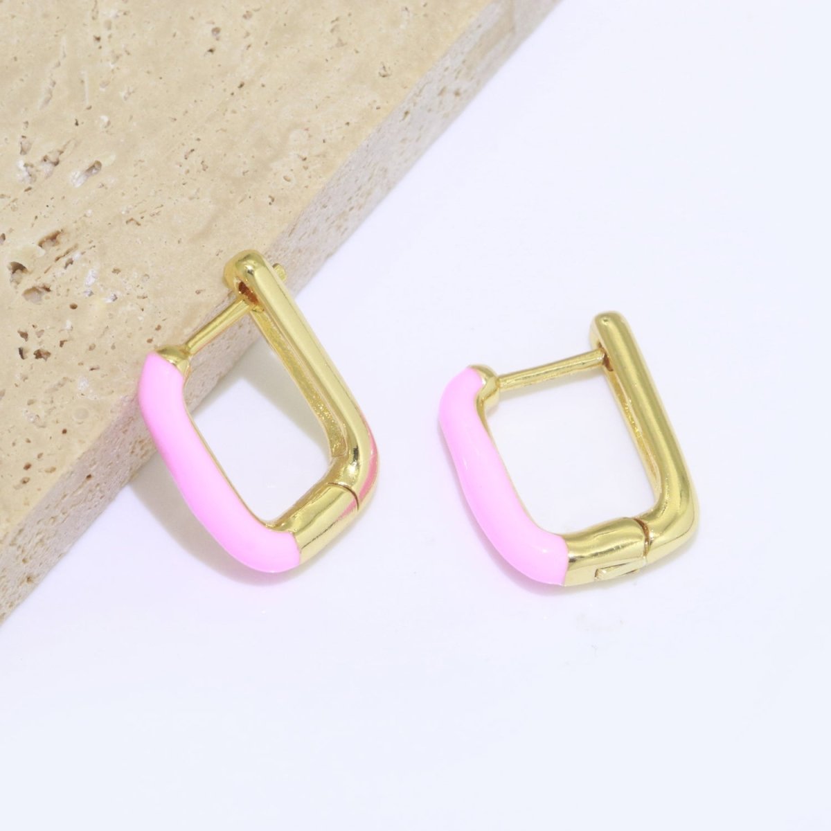 Color Enamel U Shape Hoop Earring, Small Minimalist Oval Hoop Gold Filled T-112 ~ T-124 - DLUXCA