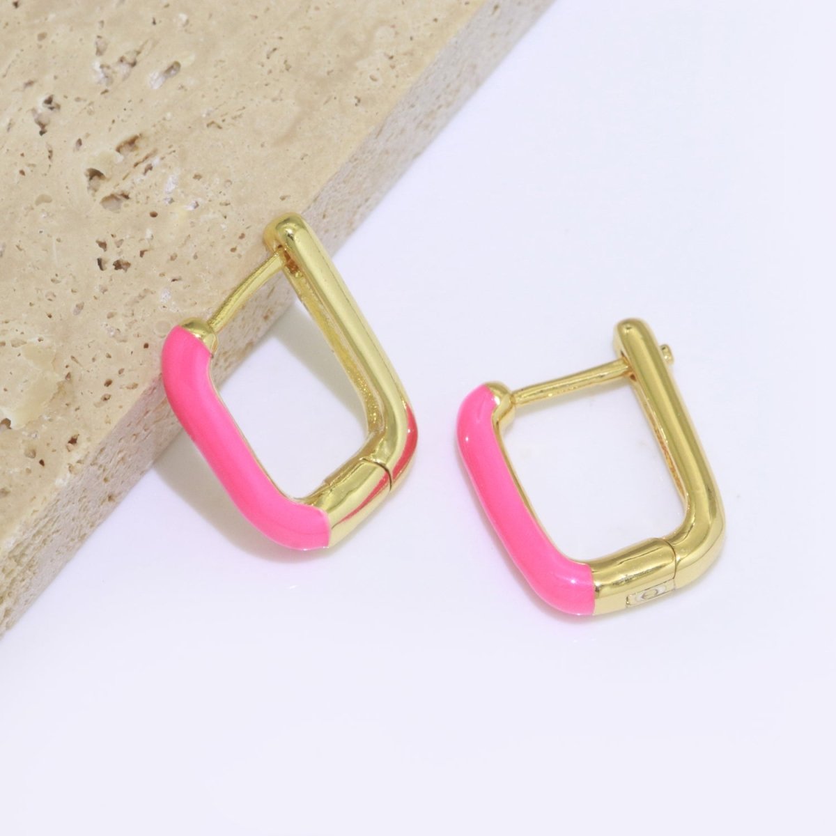 Color Enamel U Shape Hoop Earring, Small Minimalist Oval Hoop Gold Filled T-112 ~ T-124 - DLUXCA